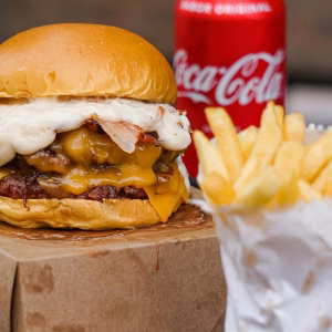 Two juicy beef patties with double cheese and creamy mayo in a soft bun.