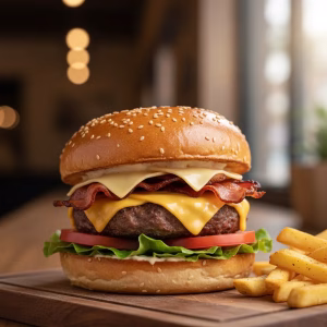 A classic flame-grilled beef patty cheese lettuce tomato and mayo on a sesame seed bun.