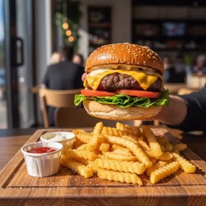 A single grilled beef patty with cheese, fresh lettuce and tomato on a toasted bun.