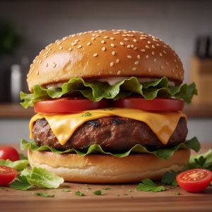 A classic double cheeseburger with two beef patties, melting cheddar, fresh lettuce, tomato and red onion.