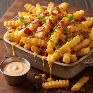Crinkle-cut fries topped with melted cheddar cheese sauce and chopped chives.