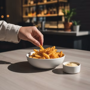 A classic bowl of crispy golden crinkle-cut French fries.