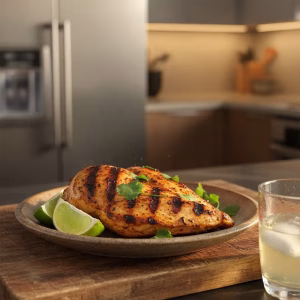 A perfectly grilled chicken breast seasoned with herbs and served with fresh lime wedges.