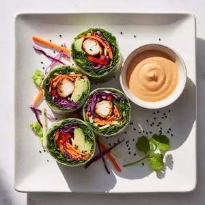 Fresh lettuce rolls packed with colorful veggies and grilled chicken, served with a creamy peanut dipping sauce.