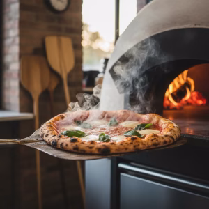 Classic Neapolitan pizza with San Marzano tomato, fresh mozzarella, and basil, baked in a traditional wood-fired oven.