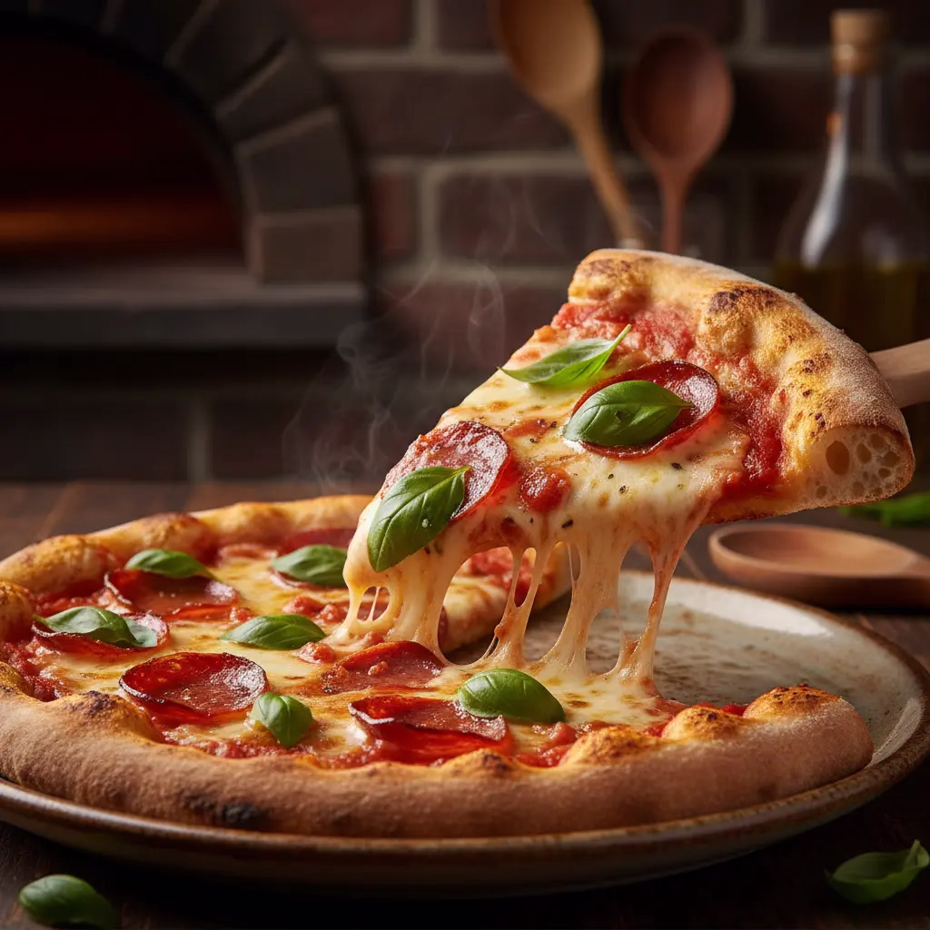 Stone-baked pizza loaded with pepperoni, stretchy melted mozzarella, and fresh basil leaves on a rich tomato base.