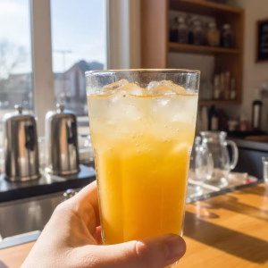 Refreshing blend of tangy lemonade and tropical mango, poured over ice for a chilled, fruity pick-me-up.