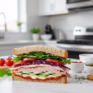 Hearty layered sandwich with sliced turkey, ham, fresh veggies, and creamy sauce on toasted whole-grain bread.