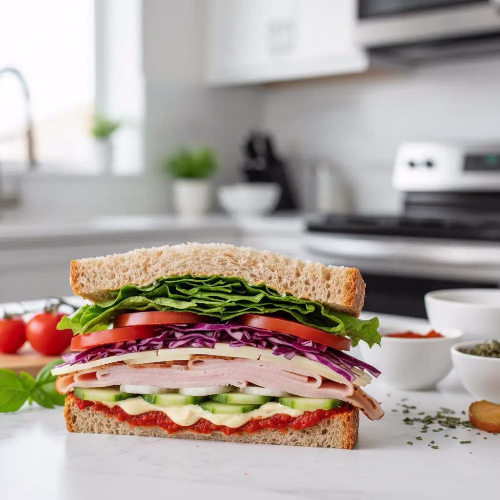 Hearty layered sandwich with sliced turkey, ham, fresh veggies, and creamy sauce on toasted whole-grain bread.