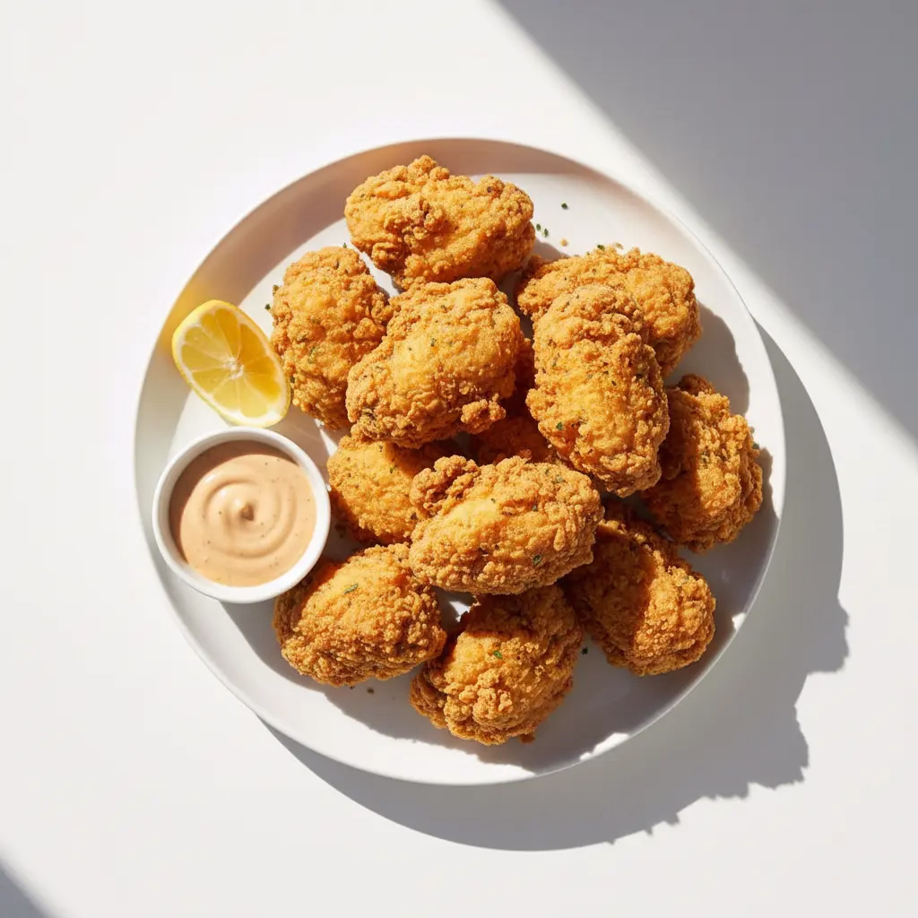 Golden-fried herb-seasoned chicken bites with a crunchy coating, served with a smoky dipping sauce and a wedge of lemon.