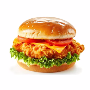 Fiery spiced crispy chicken fillet layered with melted cheese, fresh tomato, and lettuce on a soft sesame bun.